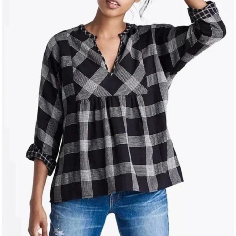 Madewell Boho Hayden Black and White Plaid Popover V Peasant Boho Top XXS